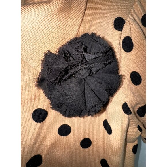 Retro Beige Polka Dot Puff Sleeve Button-Up Sweater‎ Black Flower Accent  Large - Picture 3 of 8